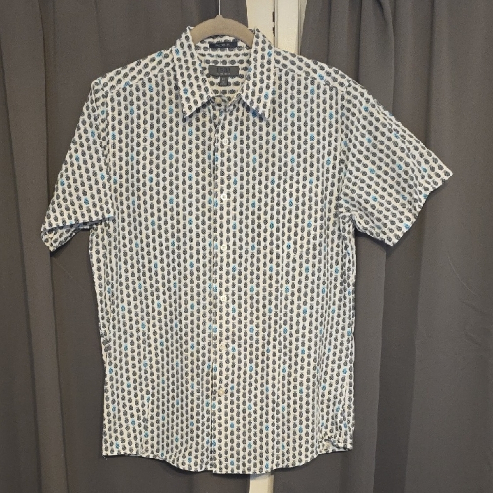 Saddlebred 1888 Tailored Fir Men's Button Up Shirt Grat/Aqua Pineapples Sz M EUC